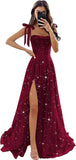 Sparkly Tulle Prom Dresses with Slit Spaghetti Straps A Line Maxi Long Formal Dress