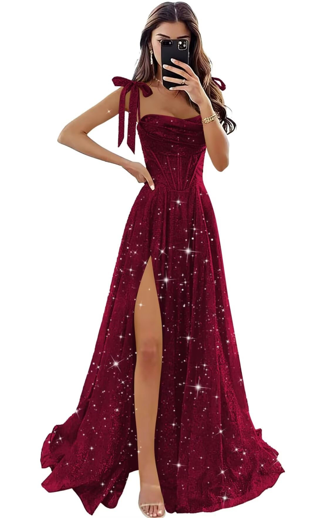 Tulle Prom Dresses with Slit Spaghetti Straps A Line Maxi Long Formal Dress