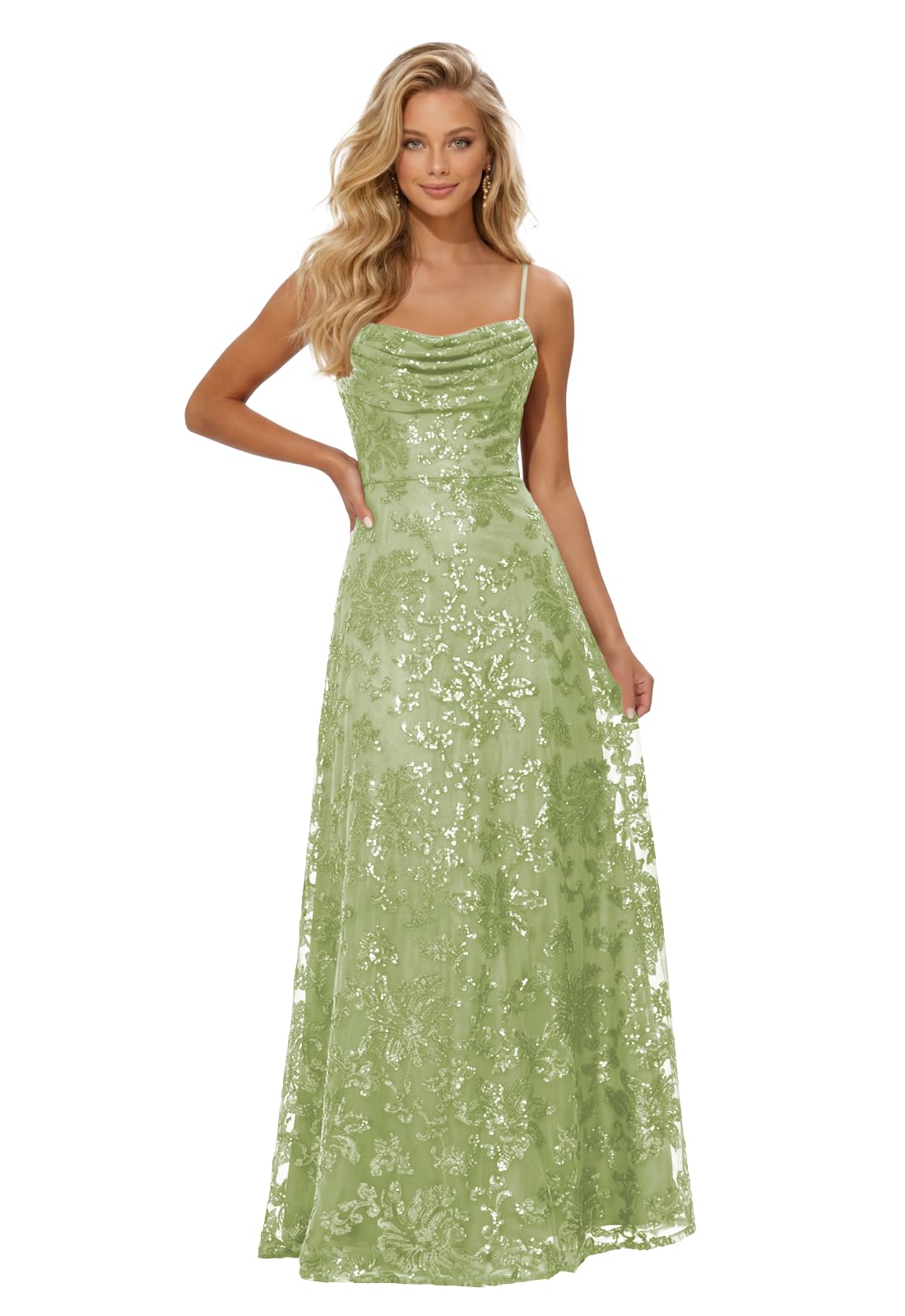 Lace Sequin Prom Dresses Spaghetti Straps A-Line Cowl Neck Pleated Sparkly Long Formal Evening Party Gowns