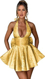 Satin Halter Homecoming Dresses for Teens 2027 V Neck Jacquard A-line Short Prom Cocktail Gowns with Bow