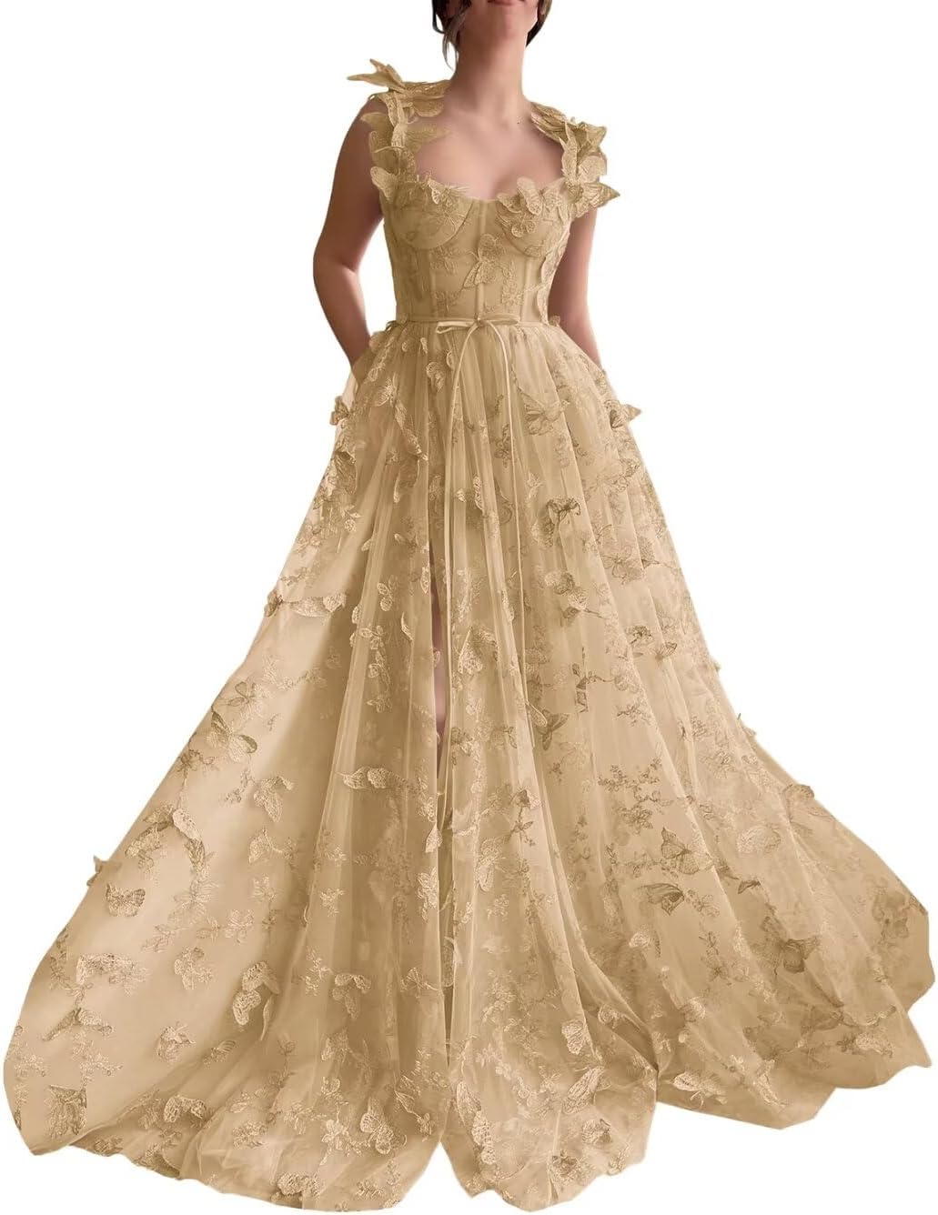 Vestidos de fiesta largos de tul con mariposas 3D para adolescentes, vestidos de fiesta formales de noche bordados con abertura 