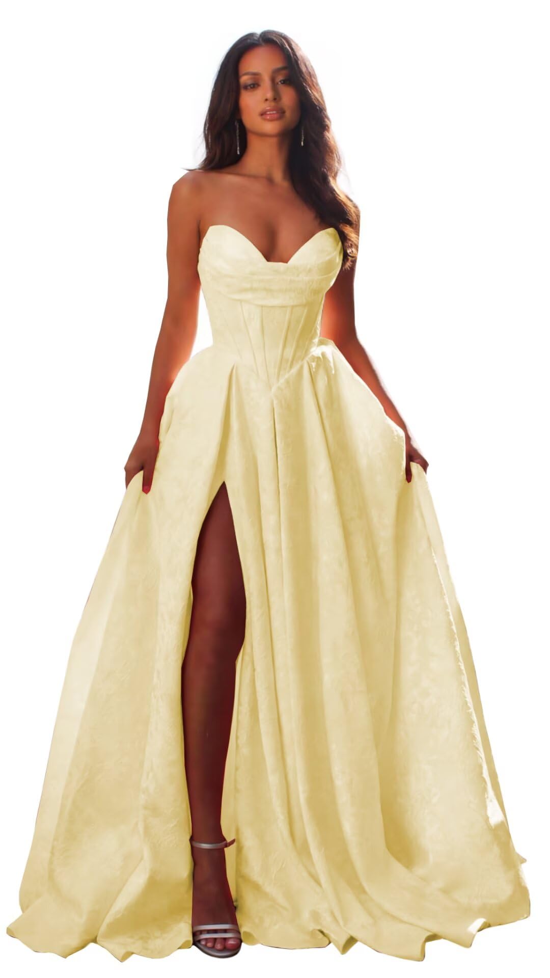Jacquard Satin Prom Dresses with Slit Strapless Corset A Line Long Formal Gowns