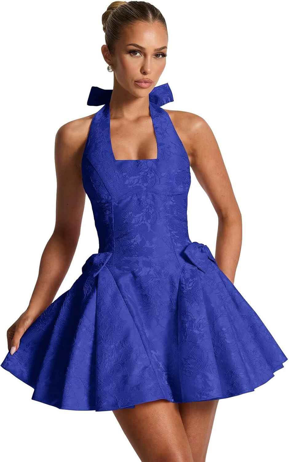 Satin Jacquard Halter Homecoming Dresses with Bow for Teens Mini A-Line Puffy Cocktail Corset Evening Party Gown