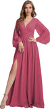 Womens V-Neck Long Sleeve Bridesmaid Dresses with Slit 2024 Ruched A-line Chiffon Prom Formal Dresses