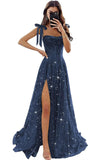 Tulle Prom Dresses with Slit Spaghetti Straps A Line Maxi Long Formal Dress