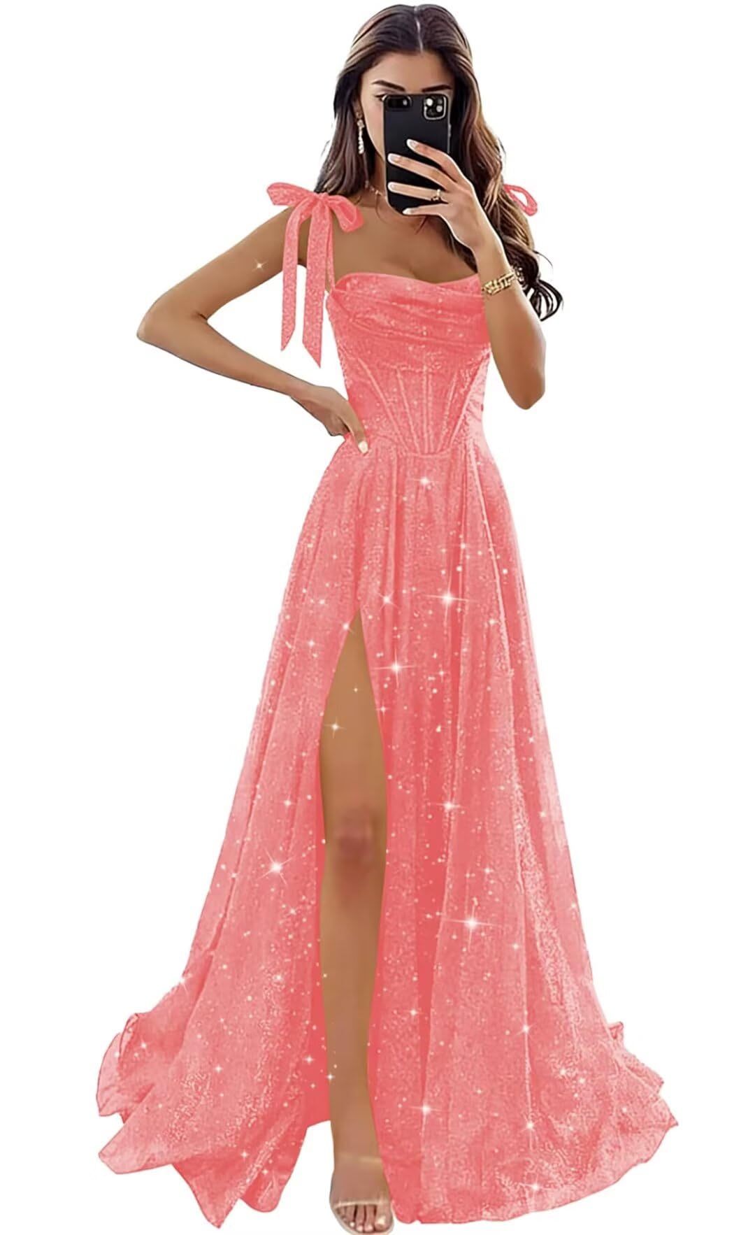 Tulle Prom Dresses with Slit Spaghetti Straps A Line Maxi Long Formal Dress