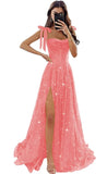 Tulle Prom Dresses with Slit Spaghetti Straps A Line Maxi Long Formal Dress