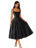 Jacquard Satin Prom Dresses 2026 Floral Square Neck Tea Length Ruched Elegant Formal Ball Gown with Pockets