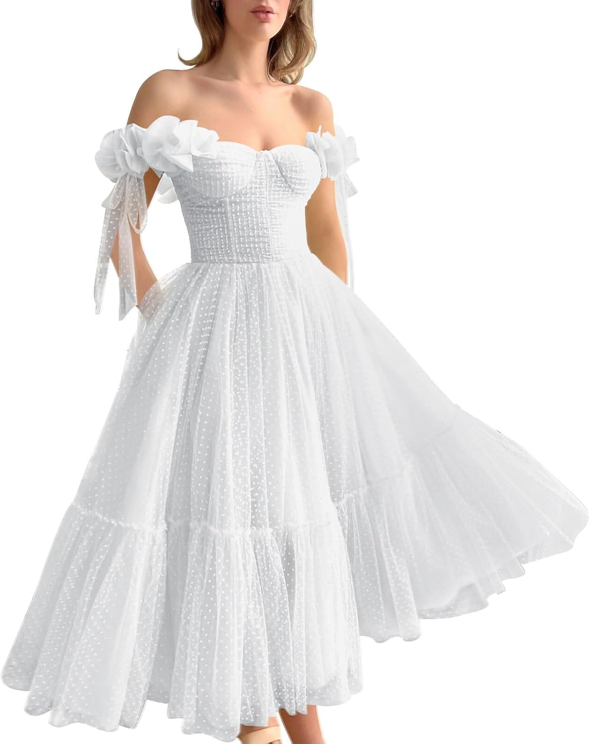 Dotted Tulle Off Shoulder Prom Dress for Women Sweetheart Midi Puffy Formal Party Gowns