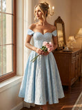 Off Shoulder Tea Length Prom Dress for Women Satin Floral Jacquard A Line Corset Cocktail Dress