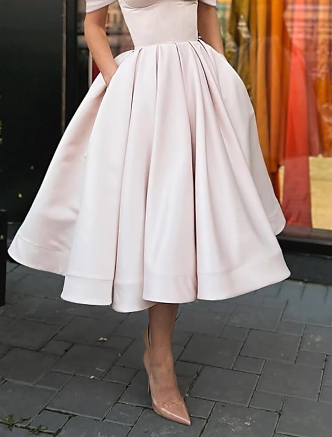 A Line Off Shoulder Prom Dresses for Women Satin Tea Length Cocktail Party Dresses with Pockets