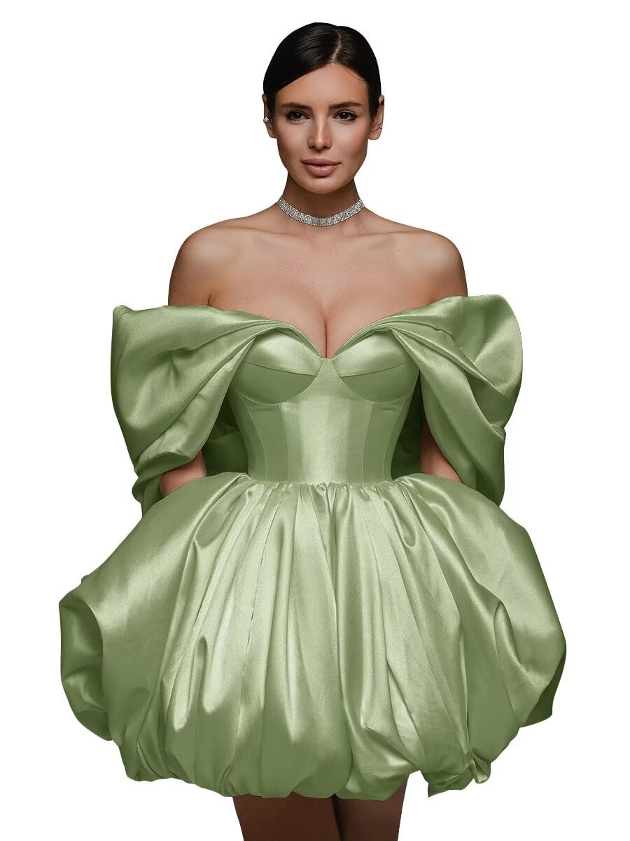 Off The Shoulder Short Wedding Dresses for Bride Puffy Satin Bridal Dresses w/Pockets Strapless Formal Ball Gowns