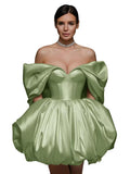 Off The Shoulder Short Wedding Dresses for Bride Puffy Satin Bridal Dresses w/Pockets Strapless Formal Ball Gowns