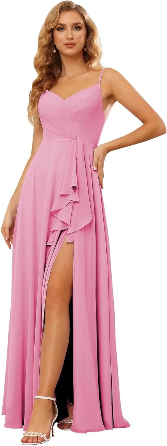Vestidos de dama de honor largos de gasa con tirantes finos y bolsillos, vestidos formales con volantes y abertura para mujer 