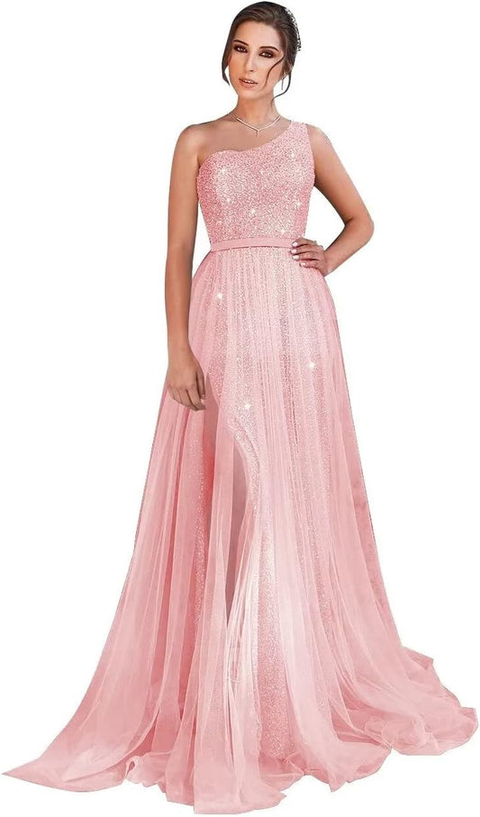 One-Shoulder-Ballkleid mit Pailletten, formelle Kleider für Damen, funkelnde Abendkleider, Tüll-Ballkleid 