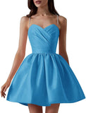 Satin Homecoming Dresses for Teens Spaghetti Straps Short Prom Dress A-Line Cocktail Wedding Guest Dress