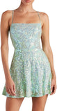 Women's Spaghetti Straps Sparkly Sequins A Line Swing Party Nightclub Dance Mini Dress Above Knee Length