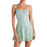 Women's Spaghetti Straps Sparkly Sequins A Line Swing Party Nightclub Dance Mini Dress Above Knee Length