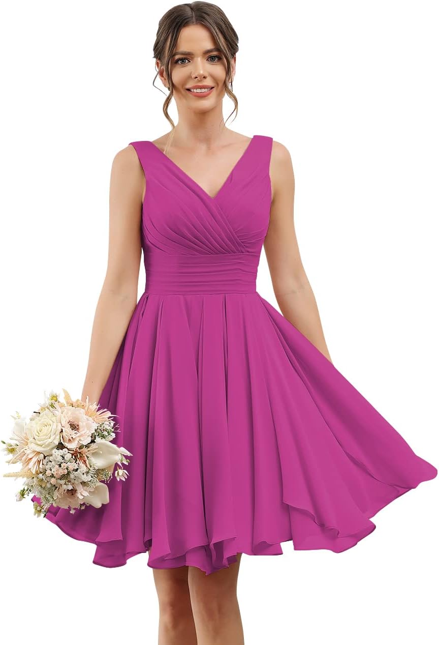 Double V Neck Short Bridesmaid Dresses for Women 2025 Chiffon A Line Formal Evening Gowns with Pockets