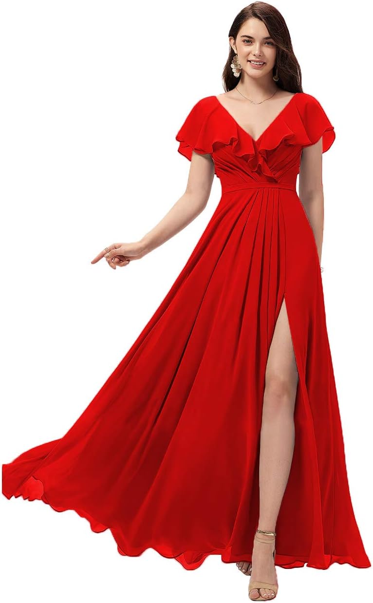 Vestidos de dama de honor largos con escote en V y volantes de gasa para mujer, vestidos de noche formales