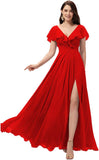 Vestidos de dama de honor largos con escote en V y volantes de gasa para mujer, vestidos de noche formales