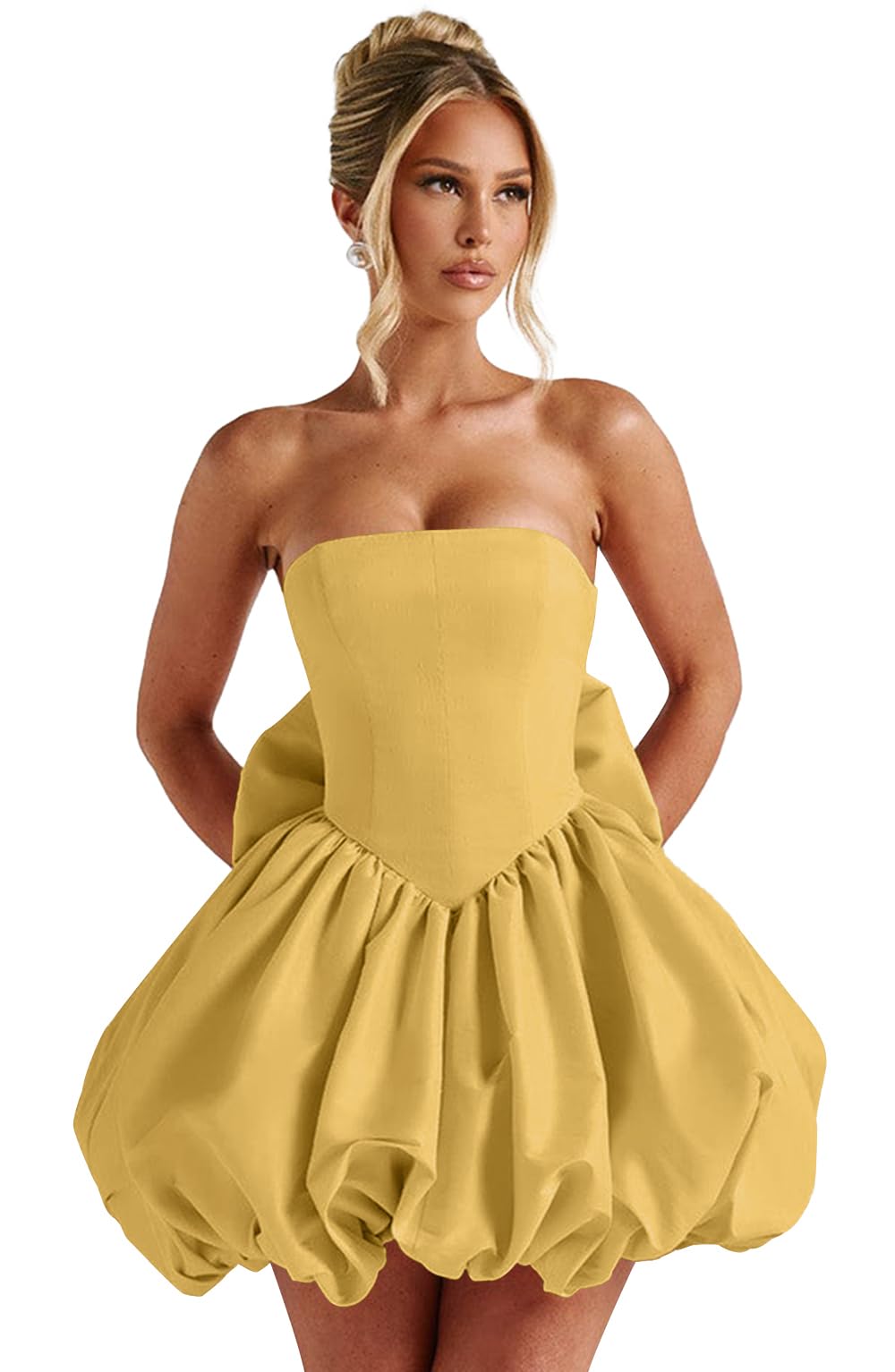 Satin Flower Bud Homecoming Dress Short Prom Dress with Bow Strapless A Line Mini Cocktail Party Gown