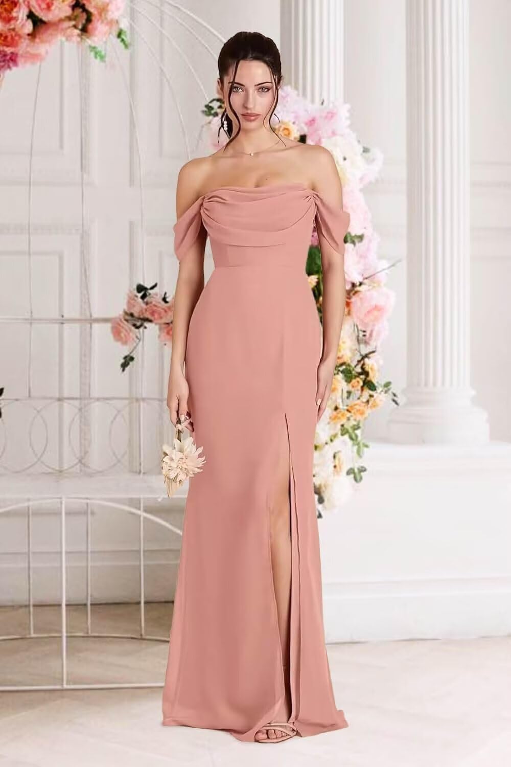 Kingbridal Gowns Off Shoulder Chiffon Bridesmaid Dresses for Women 2026 Long Ruched Cowl Neck Formal Evening Party Dress with Slit