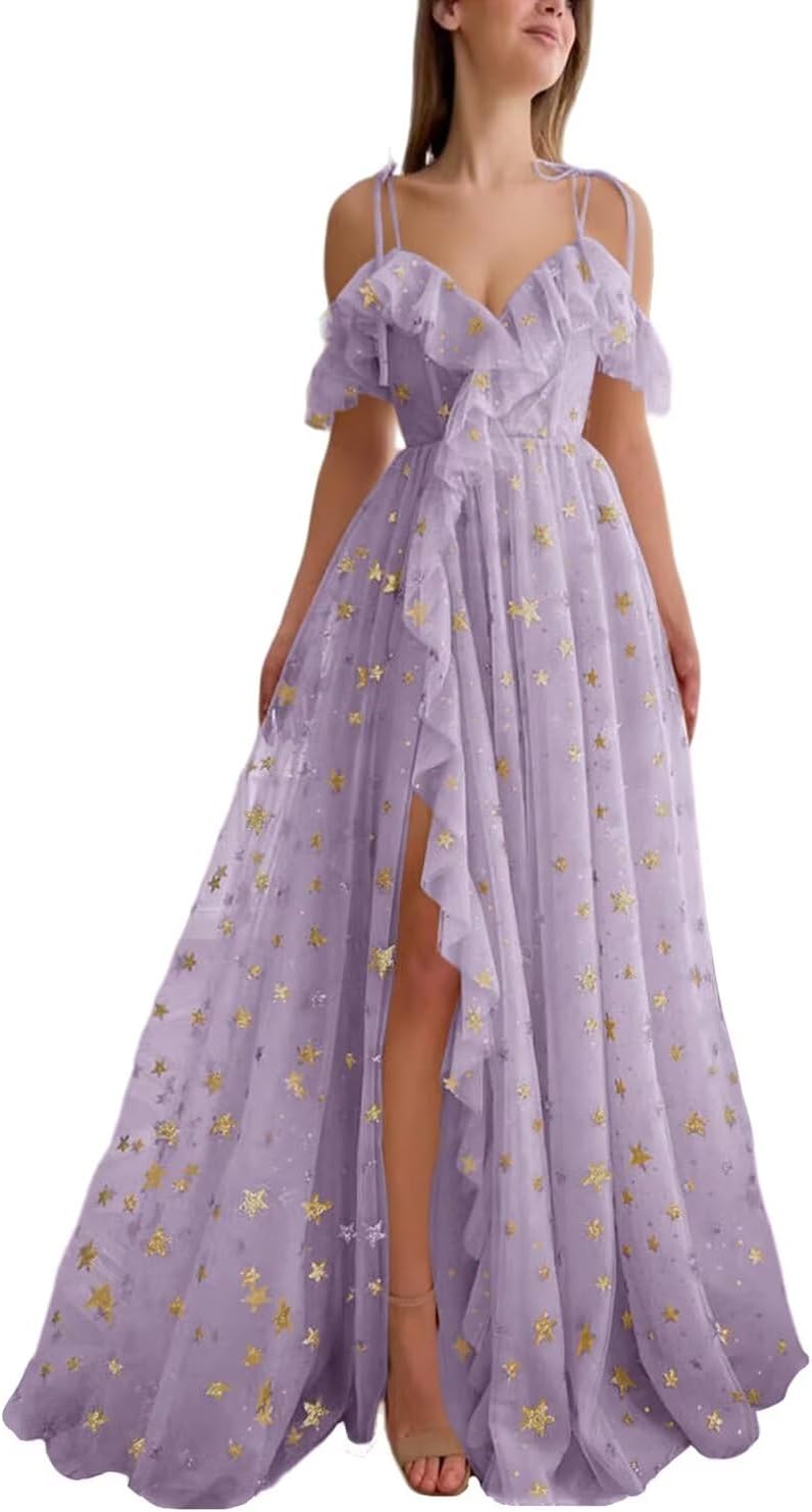 Tulle Cold Shoulder Long Sparkly Prom Dress Starry Ruffle Hem Slit Formal Party Dress Evening Gowns