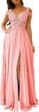 Women's Lace Appliques Prom Dresses Long with Slit Cold Shoulder Formal Party Gown