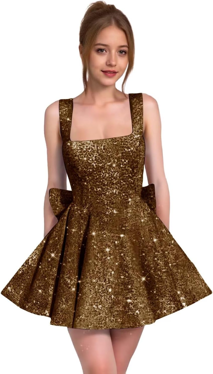 Sparkly Sequin Homecoming Dresses for Teens Short Prom Dress Square Neck Bow Formal Cocktail Gowns with Pockets