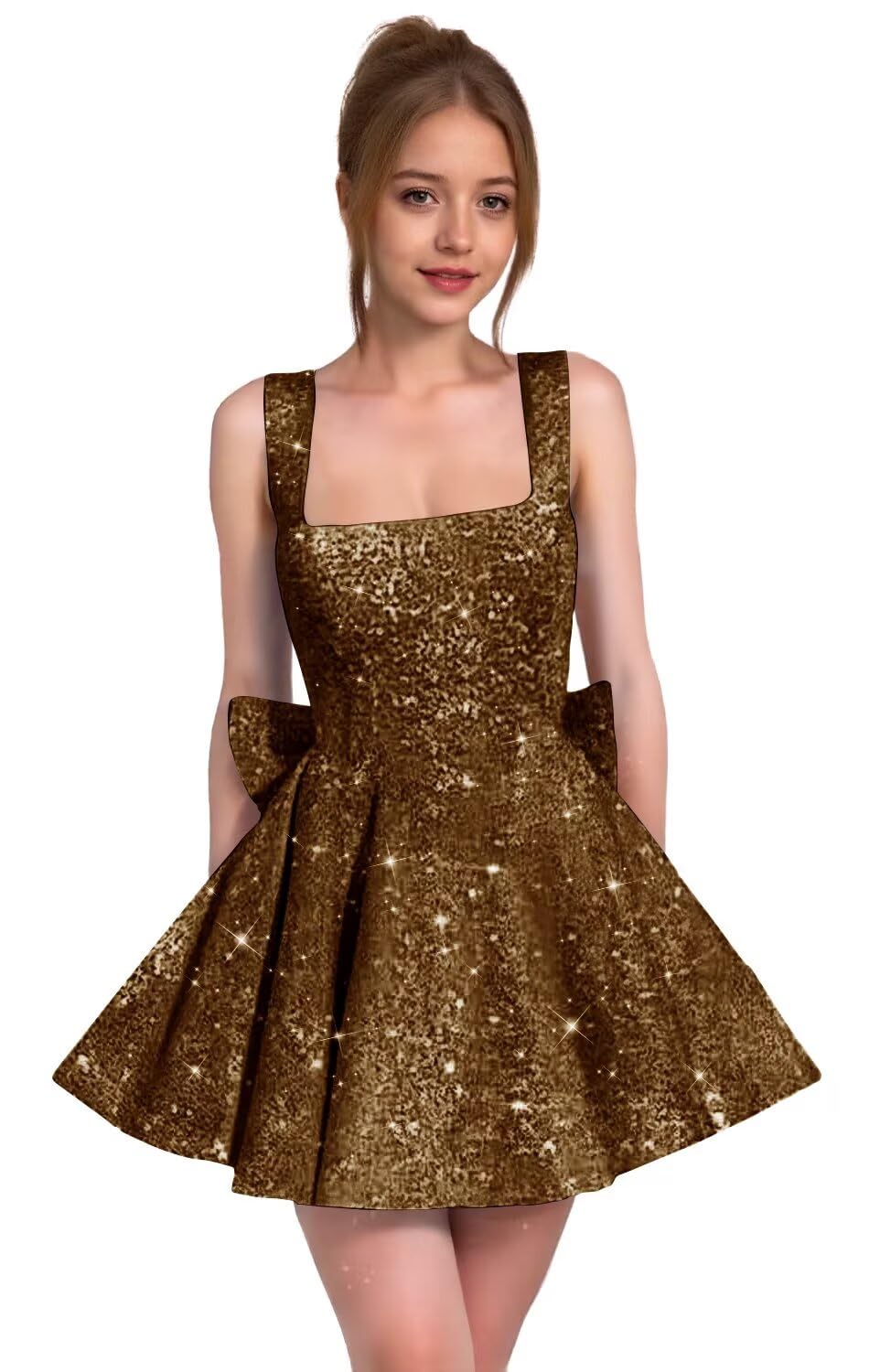 Sparkly Sequin Homecoming Dresses for Teens Short Prom Dress Square Neck Bow Formal Cocktail Gowns with Pockets