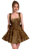 Sparkly Sequin Homecoming Dresses for Teens Short Prom Dress Square Neck Bow Formal Cocktail Gowns with Pockets