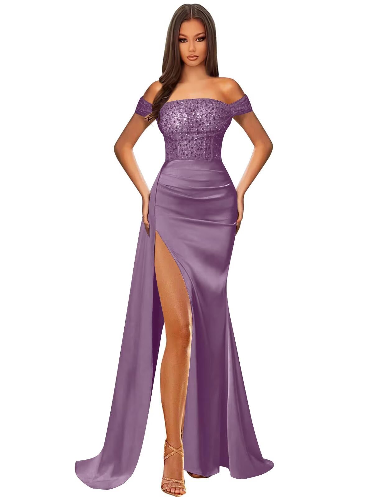 Off Shoulder Sequin Prom Dresses for Women 2027 Long Mermaid Tight Satin Formal Evening Party Dress with Slit