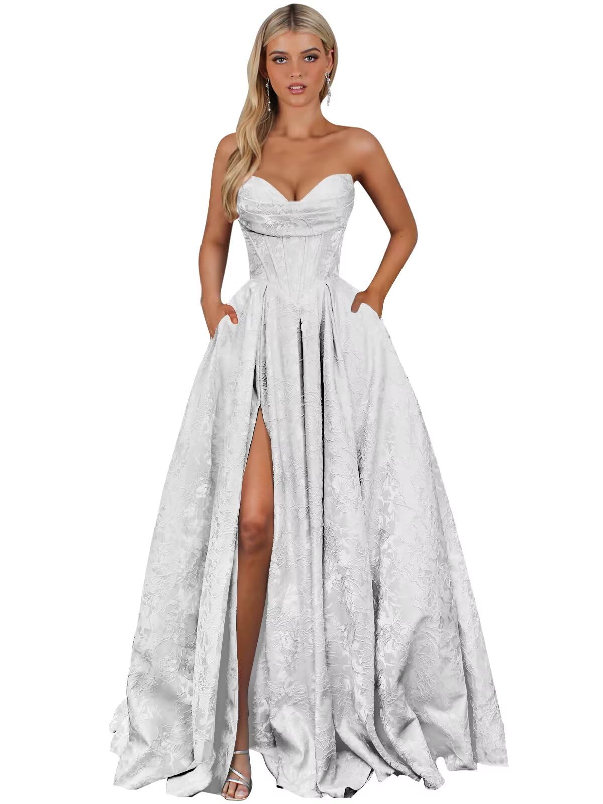 Strapless Jacquard Satin Prom Dresses for Women Corset A Line Long Formal Evening Party Gowns with Slit
