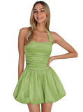 Satin Halter Homecoming Dresses for Teens Short Prom Dress 2027 Flower Bud Ruched Formal Cocktail Gown with Pockets