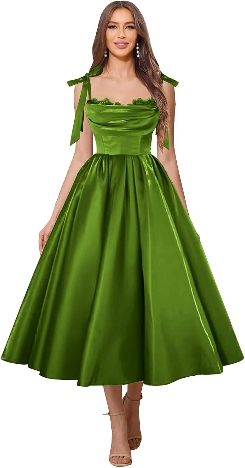 Satin Prom Dresses for Women Spaghetti Straps Corset A-Line Ball Formal Gowns Tea Length with Pockets