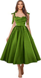 Satin Prom Dresses for Women Spaghetti Straps Corset A-Line Ball Formal Gowns Tea Length with Pockets