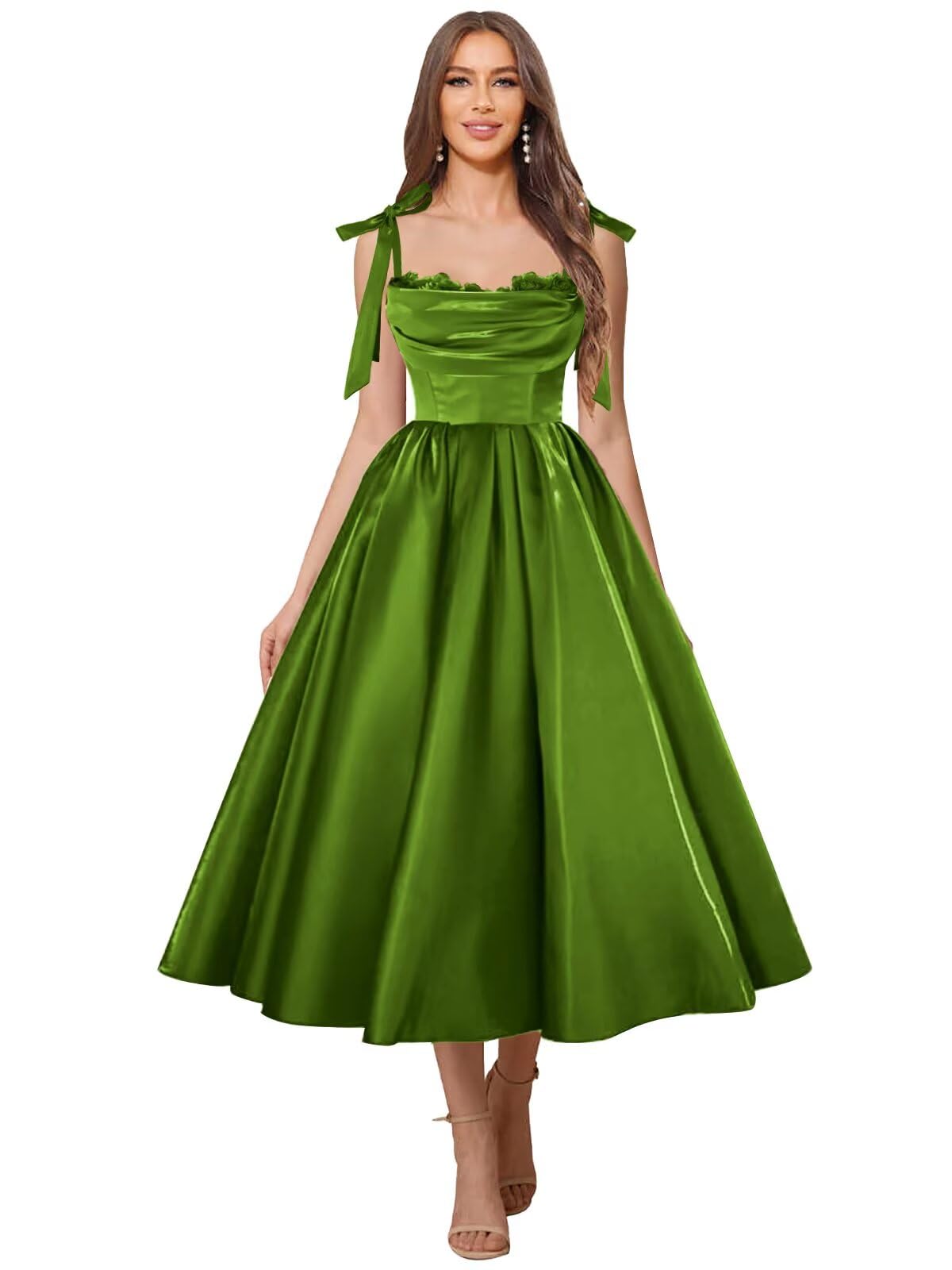 Satin Prom Dresses for Women Spaghetti Straps Corset A-Line Ball Formal Gowns Tea Length with Pockets