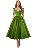 Satin Prom Dresses for Women Spaghetti Straps Corset A-Line Ball Formal Gowns Tea Length with Pockets