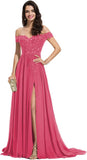 Women's Off The Shoulder Long Prom Dresses with Slit Lace Appliqued Chiffon Formal Party Gowns