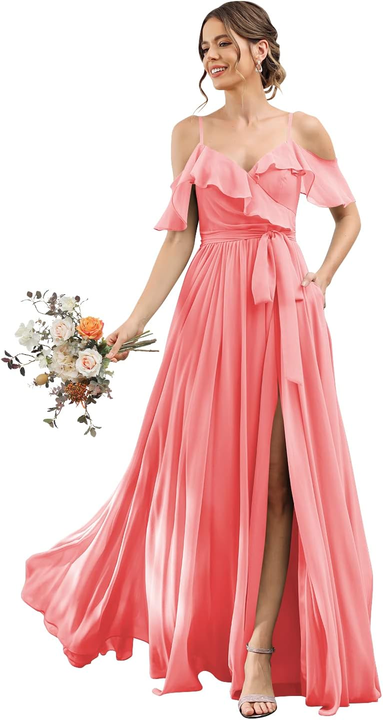 Women's Bridesmaid Dresses with Slit Long Cold Shoulder Chiffon Formal Party Dress with Pockets
