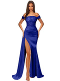 Off Shoulder Sequin Prom Dresses for Women 2027 Long Mermaid Tight Satin Formal Evening Party Dress with Slit