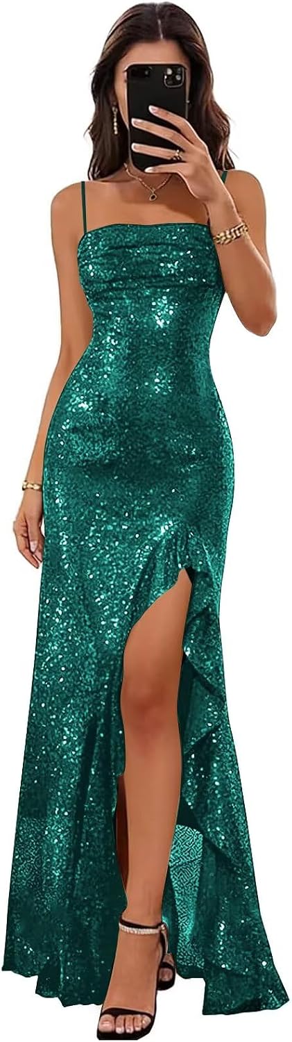 Sparkly Sequin Spaghetti Straps Prom Dresses 2026 Long Ruffles Pleated Formal Evening Dress with Slit