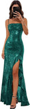 Sparkly Sequin Spaghetti Straps Prom Dresses 2026 Long Ruffles Pleated Formal Evening Dress with Slit