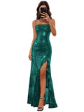 Sparkly Sequin Spaghetti Straps Prom Dresses 2026 Long Ruffles Pleated Formal Evening Dress with Slit