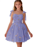 Floral Embroidery Junior Bridesmaid Dress Tulle Sweetheart Neck Girls Prom Dresses Fairy Short Formal Flower Girl Gown