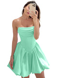 Satin Flower Bud Homecoming Dress Short Prom Dress Cowl Neck Pleated A Line Mini Cocktail Party Gown