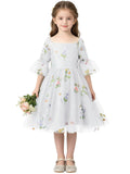 Floral Embroidery Flower Girl Dress Puff Sleeve Birthday Party Gown Girls Tulle A-Line Short Wedding Guests Dresses
