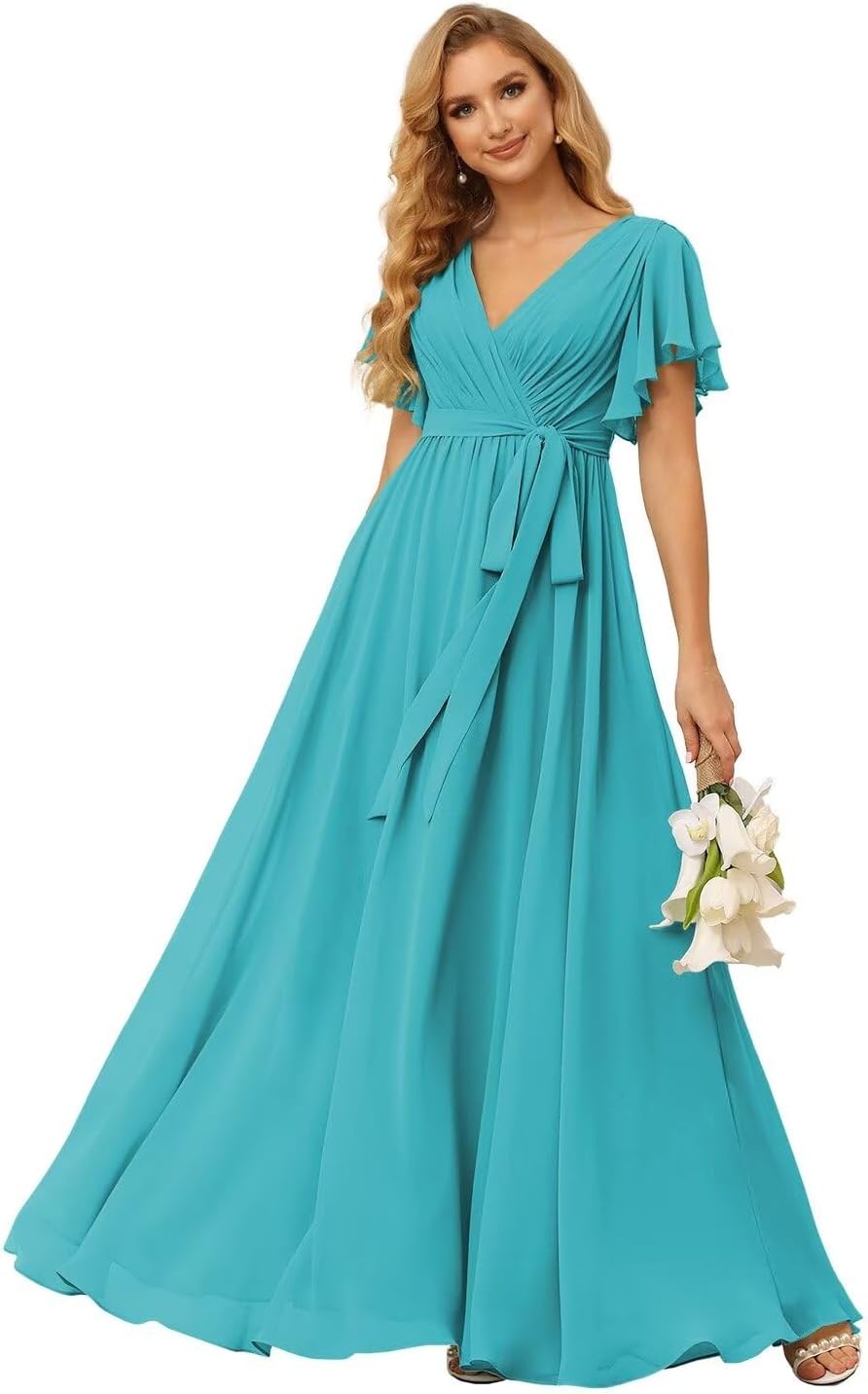 Damen Brautjungfernkleider mit Flatterärmeln, lang, mit Taschen, V-Ausschnitt, Chiffon, formelle Kleider 