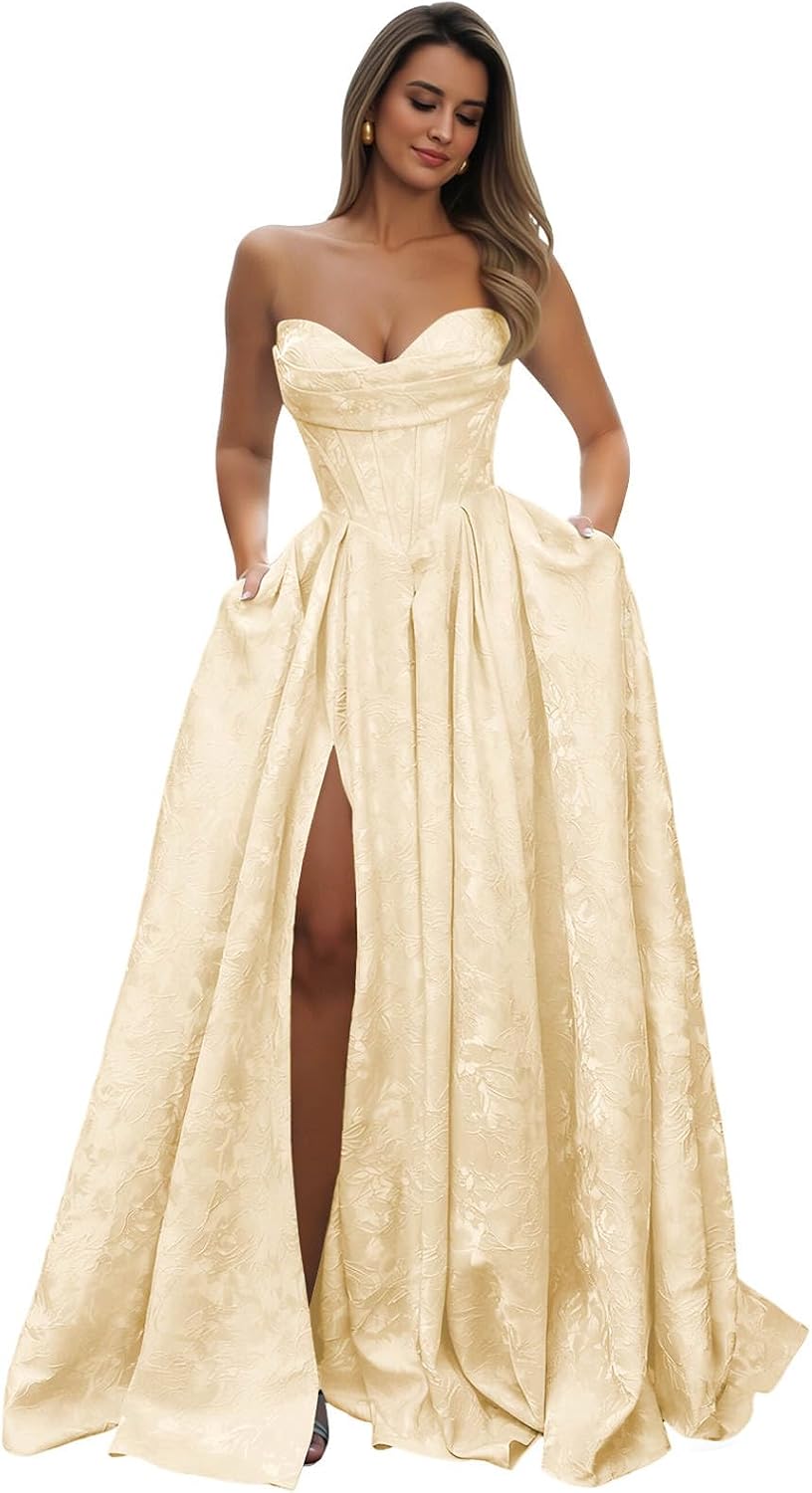 Strapless Prom Dress Jacquard Satin Ball Gown Pleated A Line Long Corset Formal Evening Dresses with Slit Pockets